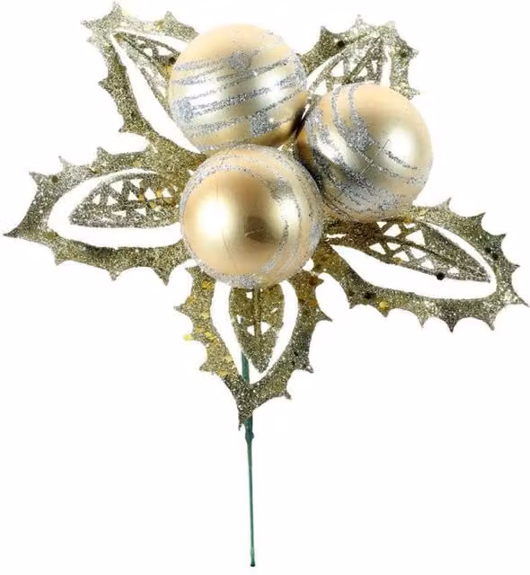 KDMD Champagne Bauble Pick with Leaves in Green and Gold, 5 Pack, Height: 12 cm