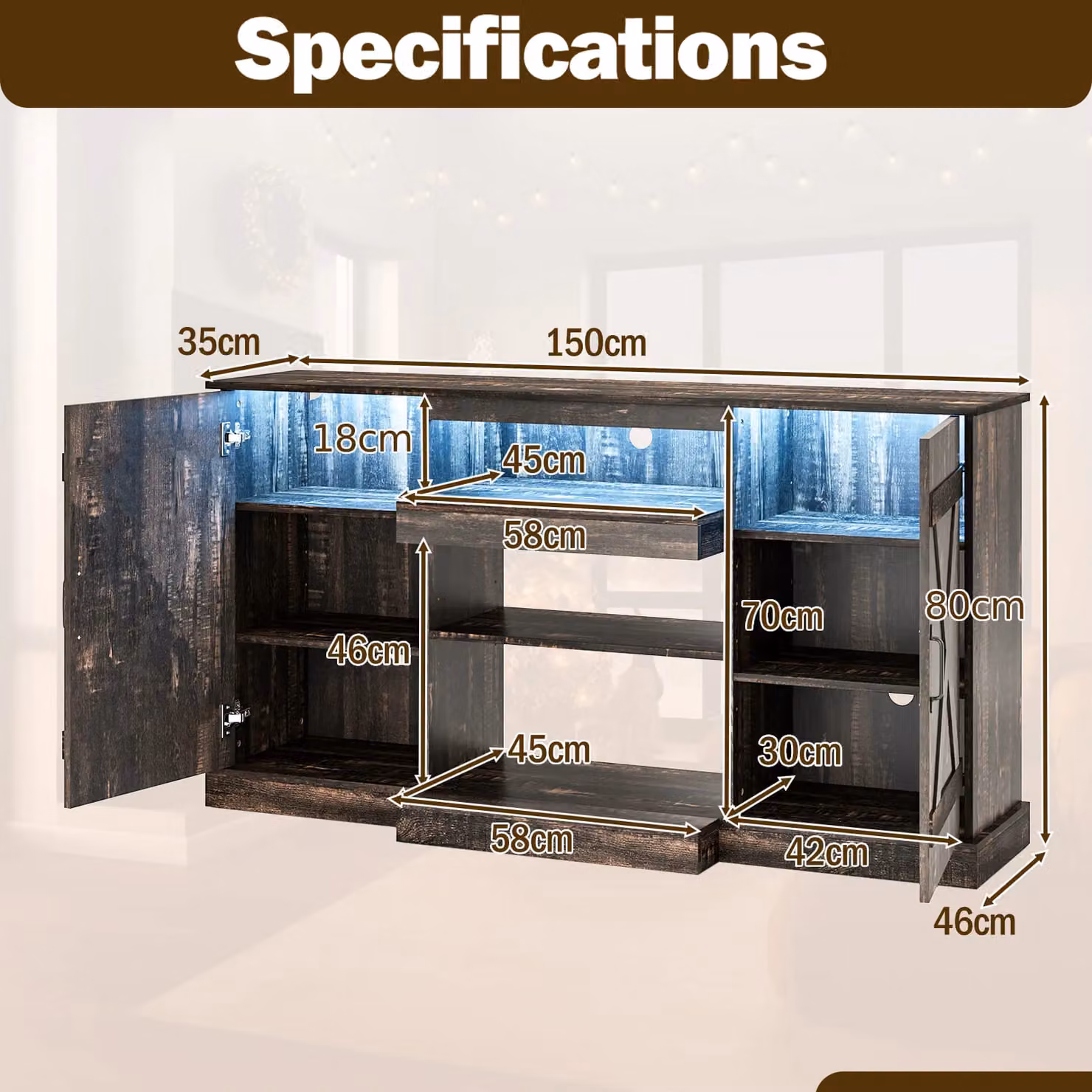Costway Rustic Brown Media Console TV Cabinet for TVs up to 68 inch – 4
