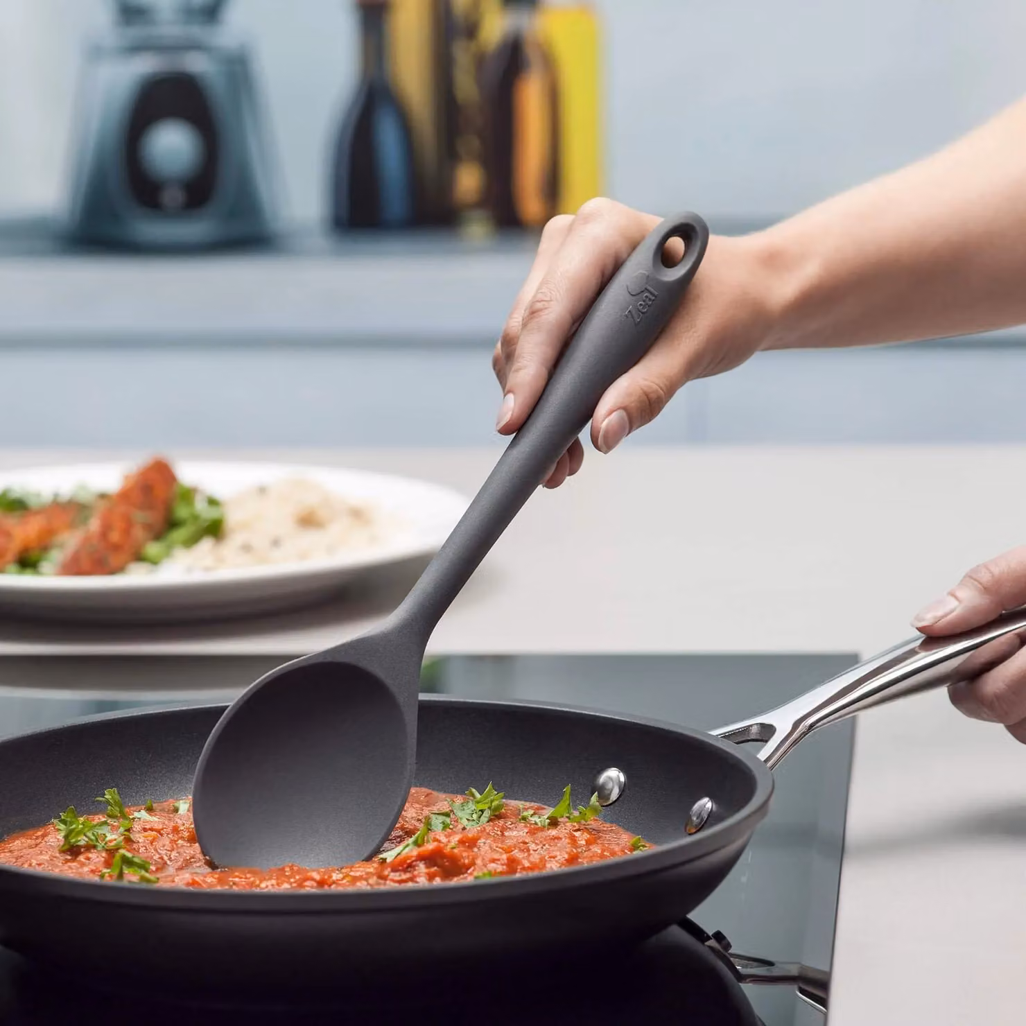 Zeal Silicone and Nylon Non-Scratch Oval Cooking Spoon, Grey, 28 cm – 3