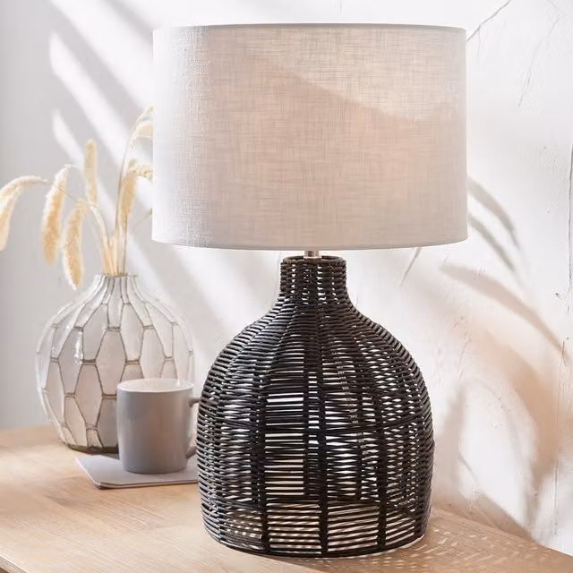 Pacific Lifestyle Black Natural Rattan Table Lamp with Fabric Dome Shade