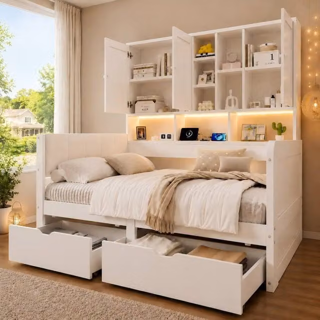 ModernLuxe Kids Single Storage Bed in White with Overbed Cabinets, 2 Drawers, LED Lighting and USB Charging Port, 90 x 200 cm