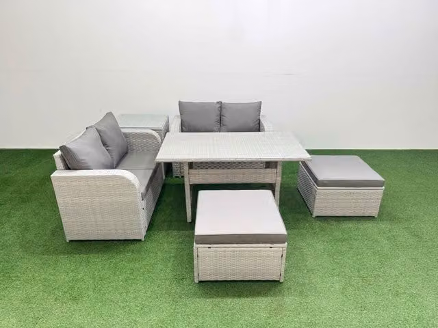 Fimous 6 Seater Rattan Garden Furniture Set with Rectangular Dining Table, Footstool and Side Table in Light Grey