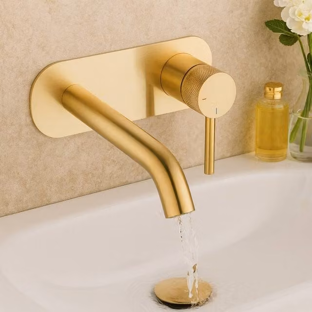 Bathroom Kingdom Redondo Single Lever Wall Mounted Basin Mixer Tap in Brushed Brass Gold