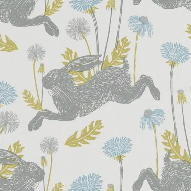Clarke & Clarke March Hare Floral Cotton Fabric in Beige, Blue and White