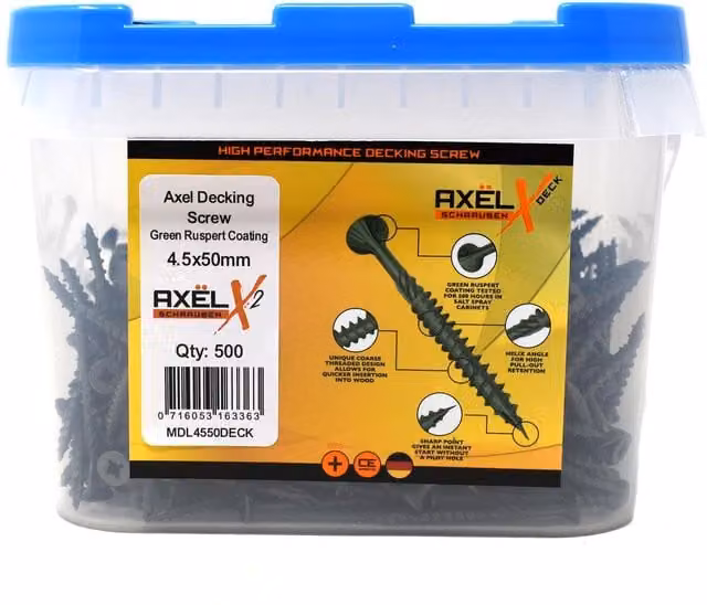 Axel High Performance Green Ruspert Wood Decking Screws, Pozidriv Self-Countersinking, Dia: 4.5 mm, L: 60 mm, Tub of 500