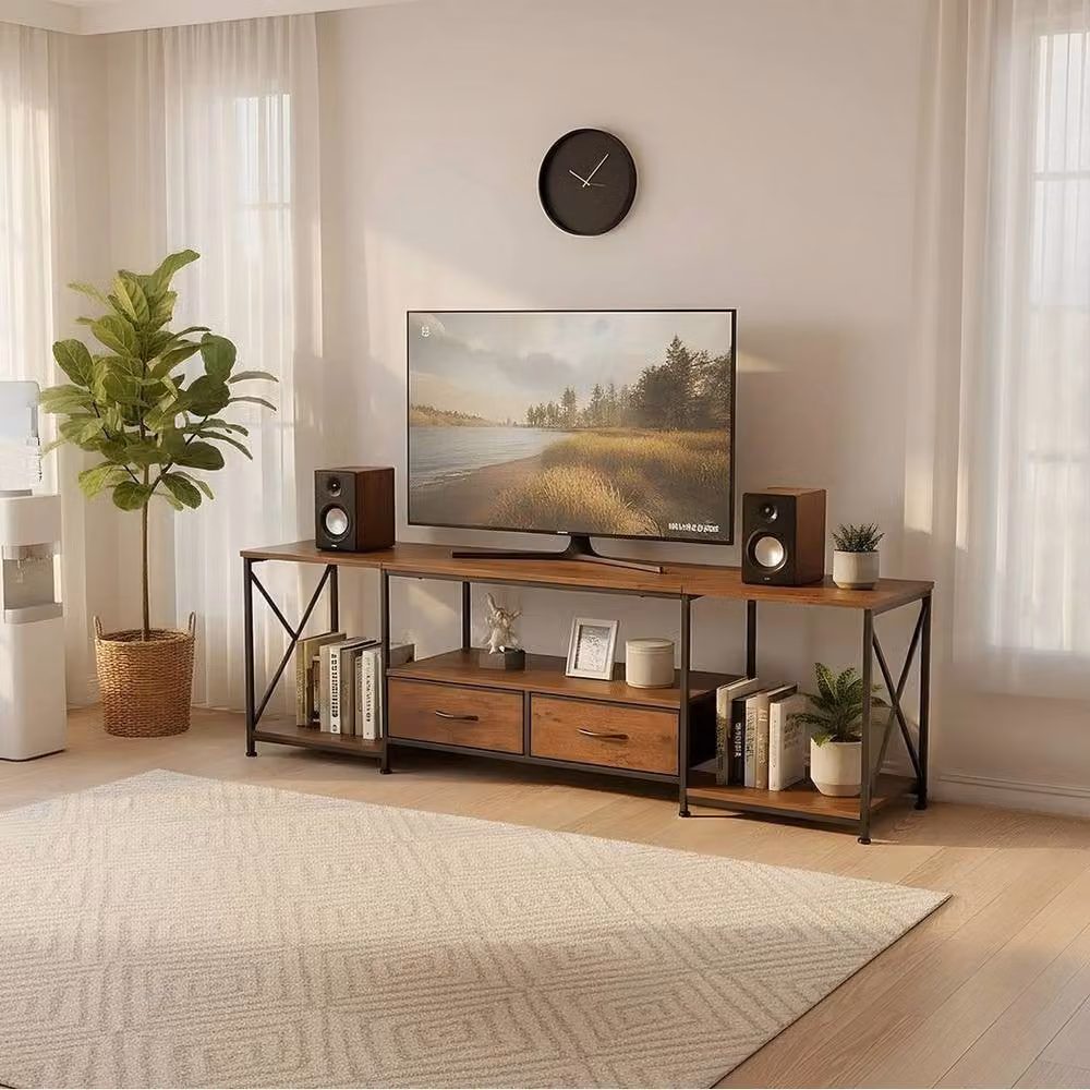 FORGEVIO Industrial TV Stand Cabinet in Brown with 2 Drawers, W: 160 cm, D: 40 cm, H: 53 cm – 1