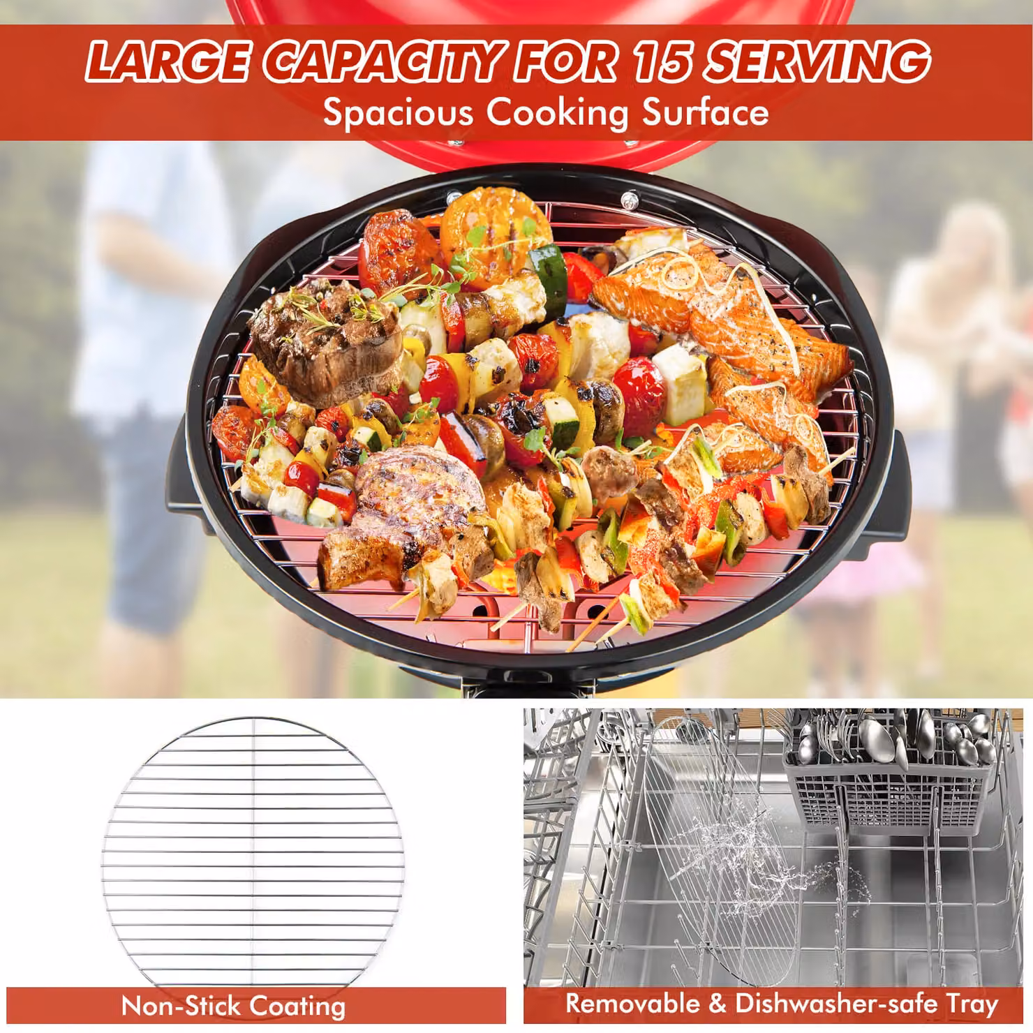 Costway Portable Electric BBQ Standing Grill with Grilling Rack and Cart, Red, W/D/H: 81 x 47 x 45 cm – 4