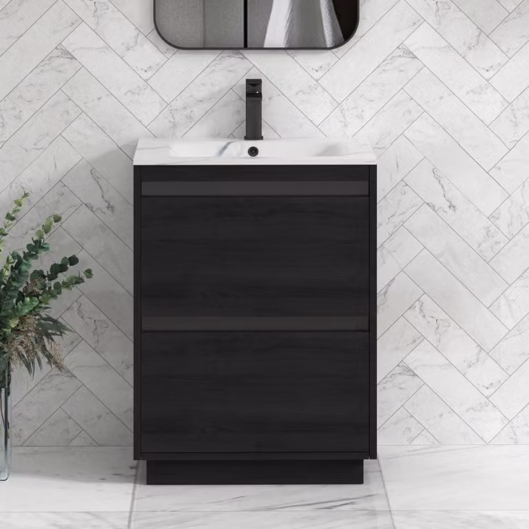 Royal Bathrooms Orion 600mm Floor Standing 2 Drawer Vanity Unit in Hale Black with Carrara White Basin and Black Accent Trim