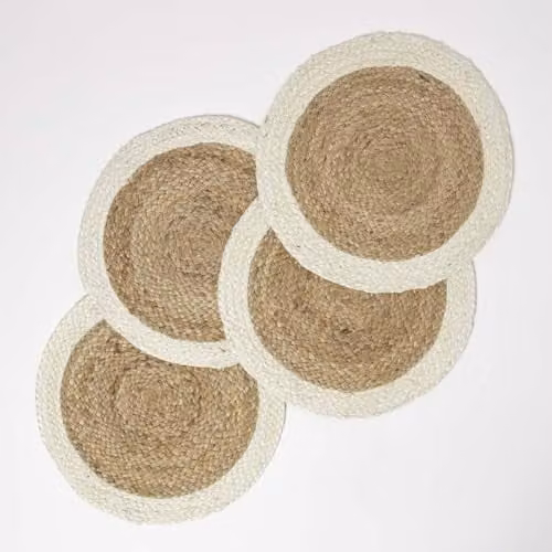 HOMESCAPES Set of 4 Handwoven Natural Jute Placemats with Cream Braided Edge and Non-Slip Back, Diameter: 40 cm
