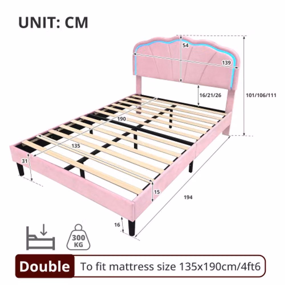 Matteo Pink Velvet Double Bed Frame with Adjustable LED Headboard – 3