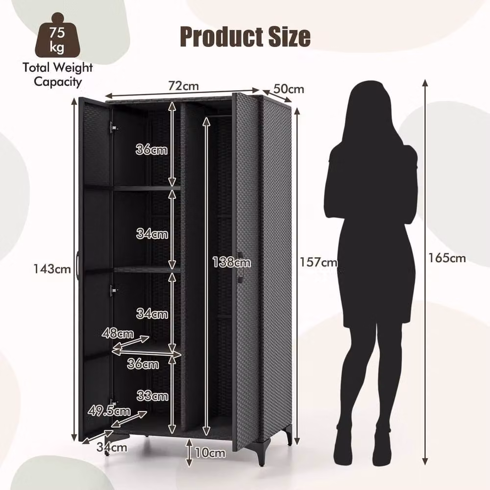 EONLION Black PE Rattan Wicker Wardrobe Armoire with Soft Close Hinged Doors, W/D/H: 100 x 100 x 157 cm – 2