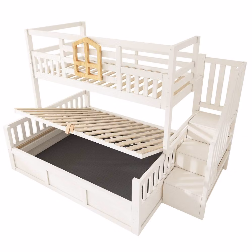 ModernLuxe Double Childrens Bunk Bed with Ottoman Storage and Stairs in White and Black – 2