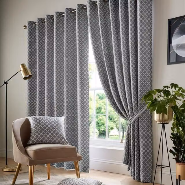Luxury Living Two-Tone Jacquard Geometric Eyelet Lined Curtains in Beige and Grey, Width: 229 cm, Drop: 183 cm – 1