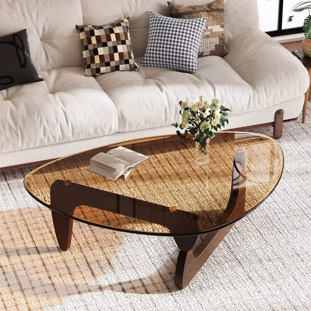 FLAVORA Modern Irregular Glass Coffee Table with Brown Wood Base – 5