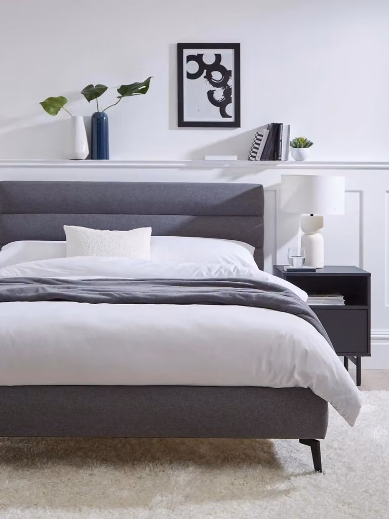 Prague Fabric Double Bed in Grey and Black with Upholstered Frame, W/D/H: 140 x 200 x 105 cm