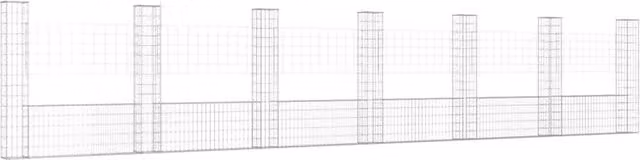 Berkfield Home U-shape Metal Gabion Basket with 7 Posts in Silver, W/D/H: 740 x 20 x 150 cm
