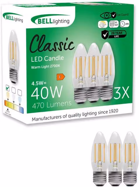 BELL Lighting E27 Dimmable LED Filament Candle Bulb, Warm White, Pack of 3
