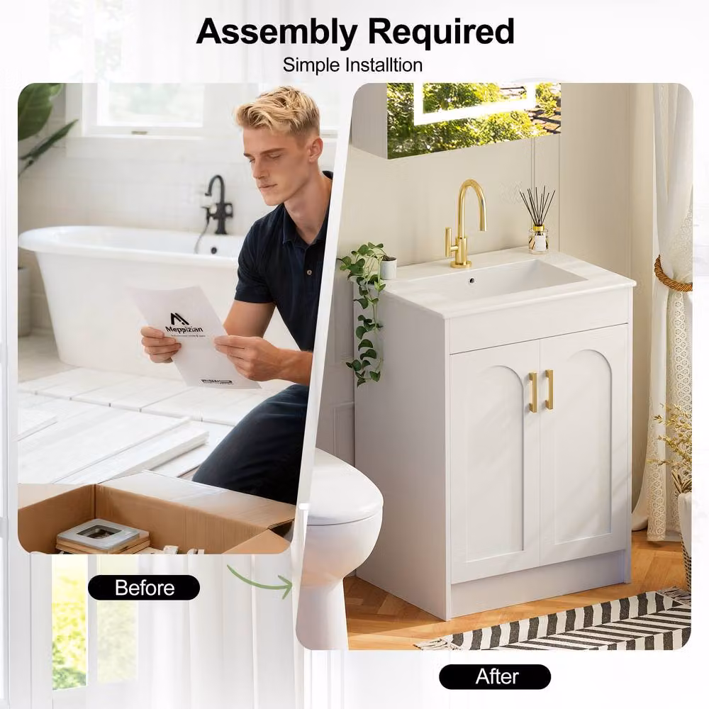 KEEPREAPER Sleek White Glossy Mid-Century Bathroom Vanity Unit with Ceramic Wash Basin and 2 Soft-Close Hinged Doors – 2