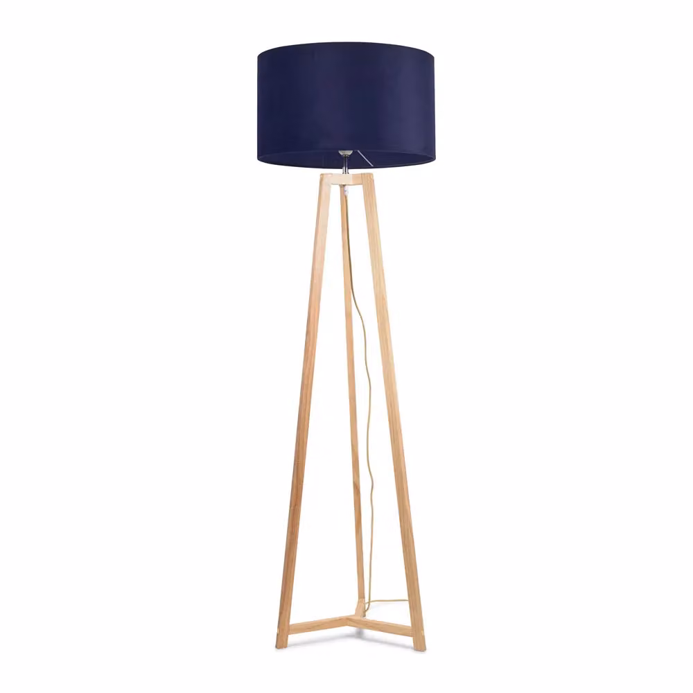 ValueLights Lottie Natural Wood Tripod Floor Lamp with Blue Velvet Drum Shade and LED Bulb, H 148 cm x W 45 cm x D 45 cm – 2