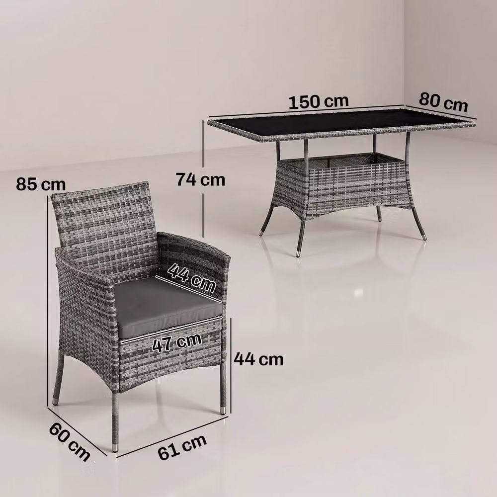 Outsunny 7-Piece Grey Polyrattan Garden Furniture Dining Set with Glass Table – 3