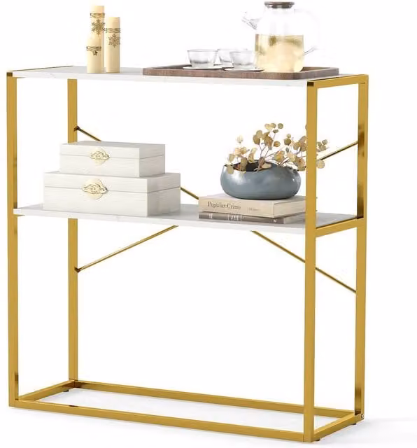Gymax 2-Tier Modern Entryway Console Table with Marble Textured Open Shelves in White