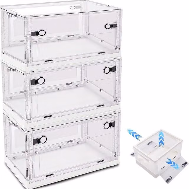 Livingandhome Set of 3 Stackable and Foldable Clear Plastic Storage Boxes with Lids and Wheels, White