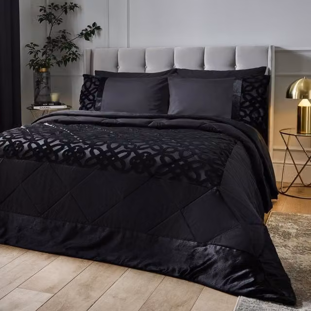 Catherine Lansfield Black Lattice Cut Velvet Quilted Bedspread W/D/H: 220 x 230 cm
