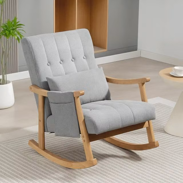 HOMCOM Upholstered Rocking Chair with Lumbar Pillow and Armrests in Light Grey