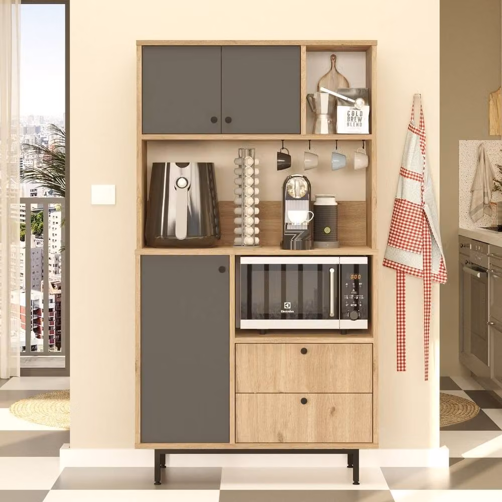 CALICOSY ODE Modern Kitchen Storage Unit with 3 Doors and 2 Drawers, Brown Oak, H: 161.2 cm, W: 88.0 cm, D: 35.5 cm – 2