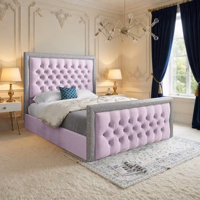 KDMD Wambrook Pink Soft Velvet Upholstered Designer Bed Frame, Super King Size 200 x 200 cm
