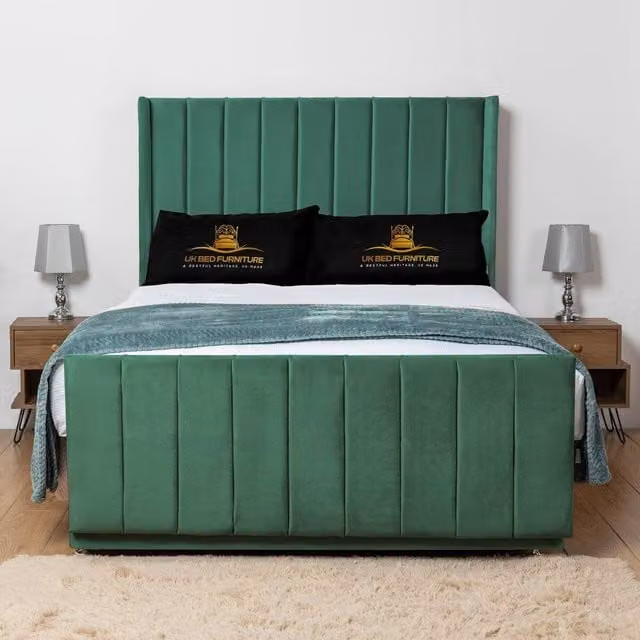 UK Bed Furniture Seoul Wingback Divan Bed Base with 54 Inch Headboard in Green Velvet, Size: 200 x 200 cm