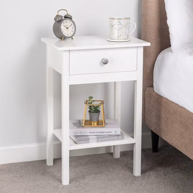 Christow White Glossy Bedside Table with Drawer and Shelf, W/D/H: 40 x 30 x 60 cm – 1