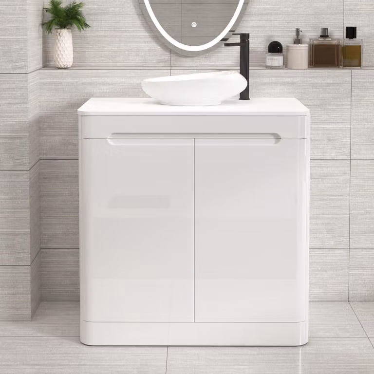 Royal Bathrooms Venice 800mm Gloss White Floor Standing 2 Door Vanity Unit with Nova Basin and Plain White Worktop