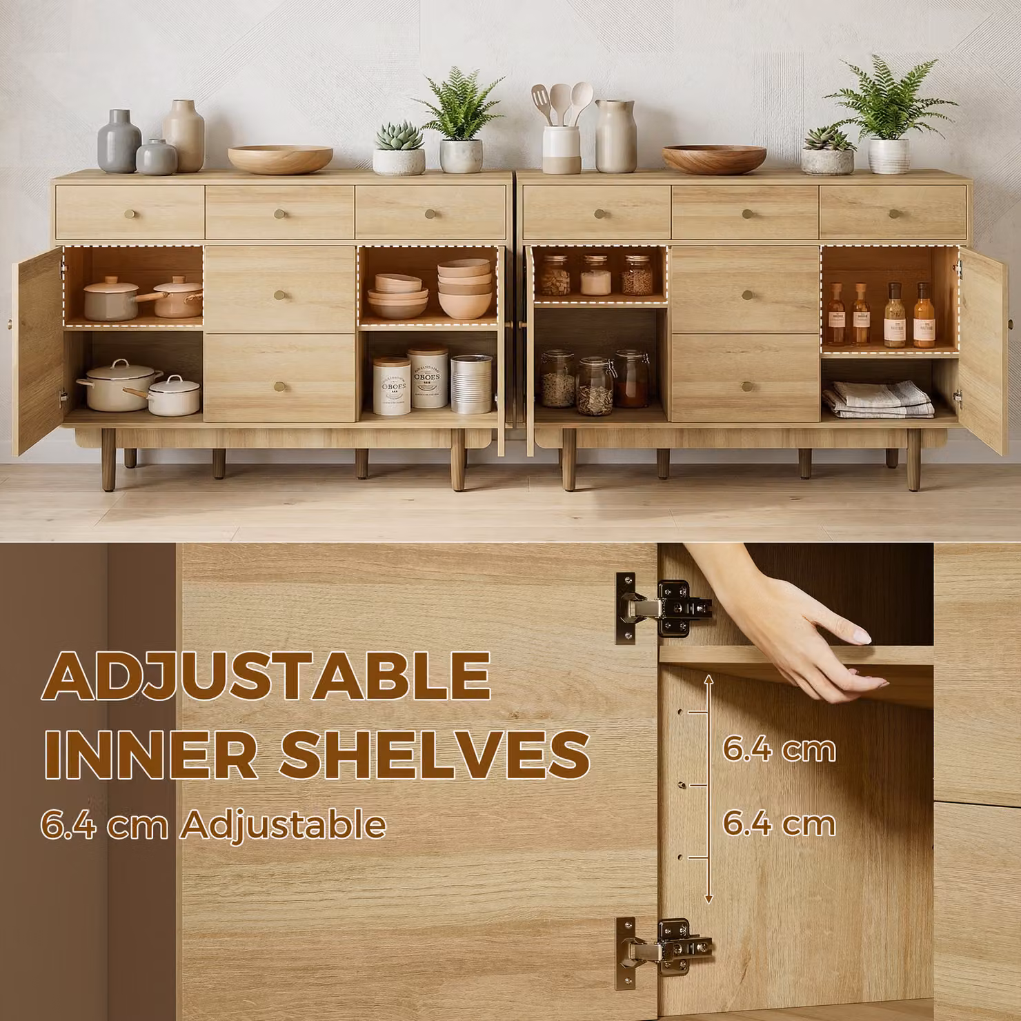 HOMCOM Modern Walnut Sideboard with 5 Drawers and 2 Cabinets and Solid Wood Legs, Width: 136 cm – 2