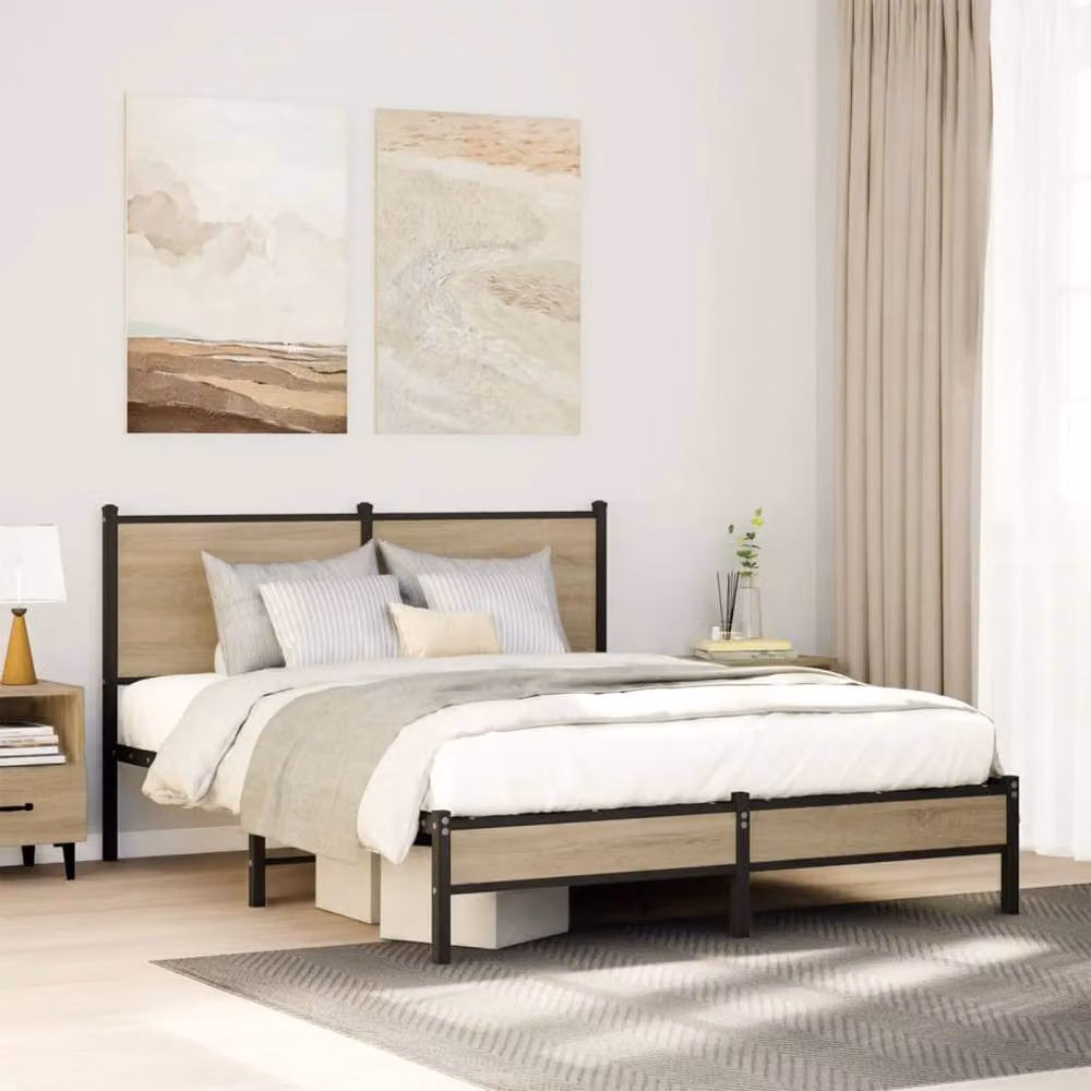 Berkfield Home Metal and Wood Bed Frame in Sonoma Oak Brown, W/D/H: 140 x 200 cm – 2