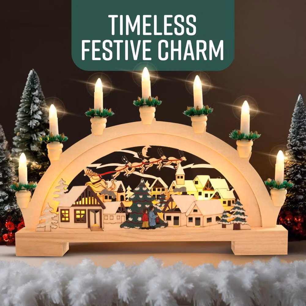 GloBrite Wooden Christmas Candle Bridge Arch with Santa Village Scene and 10 Warm White LED Taper Candles – 2