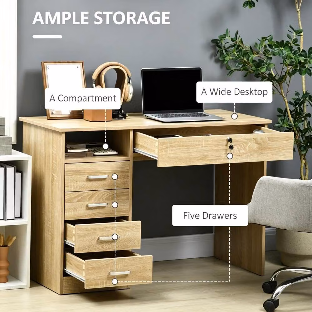 STILVORA Computer Desk with Locking Drawer and Storage Shelf in Light Oak – 3