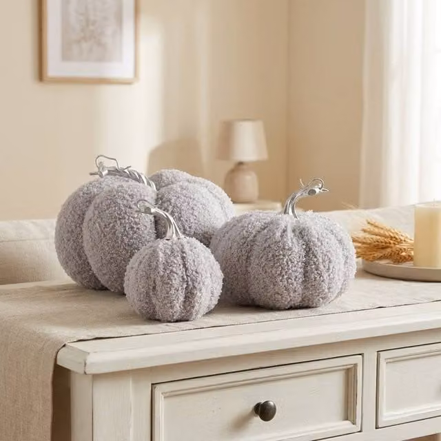 Garden Greatness Modern Grey Decorative Pumpkin Ornament Set for Autumn and Halloween Tabletop Display