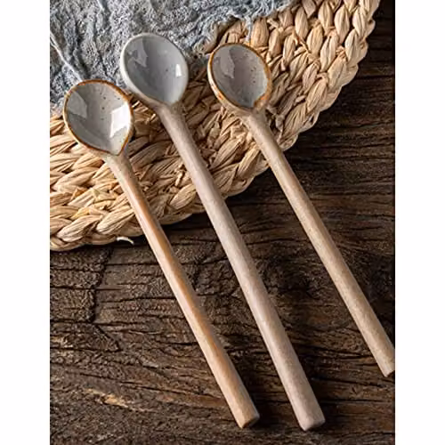 JINGYAN Polished Ceramic Retro Long Handle Teaspoons, 2 Pack, Small – 2
