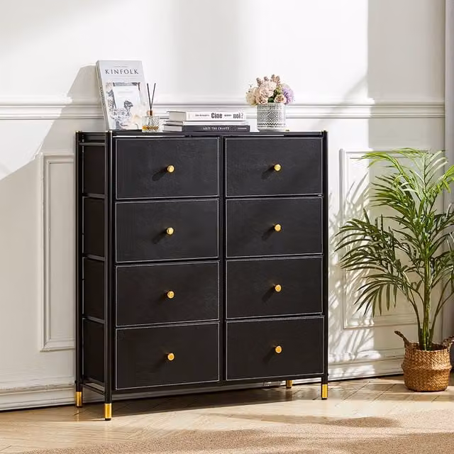 Livinandhome Modern Steel-Frame Cabinet with Fabric Drawers in Black and Gold, W/D/H: 100 x 100 x 103 cm