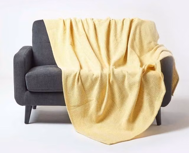 Homescapes Woven 100% Cotton Throw in Yellow and Petrol, W/D/H: 255 x 360 cm