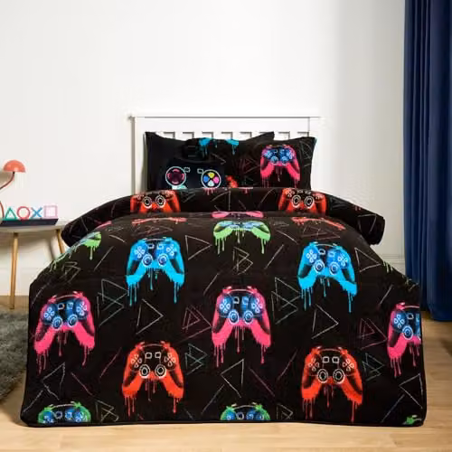 OHS Teddy Fleece Coverless Single Duvet and Pillowcase Set, 10.5 Tog, Black, W/D/H: 135 x 200 cm