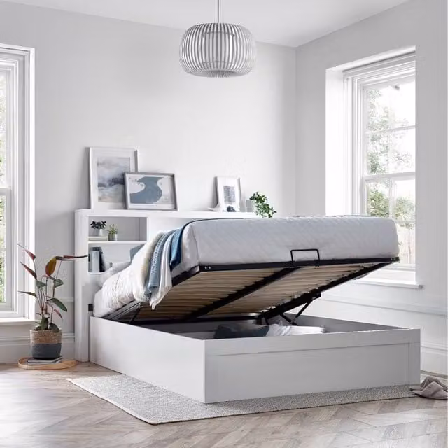 Bedmaster Arizona White Wooden Bookcase Ottoman Storage Bed, W/D/H: 180 x 200 cm