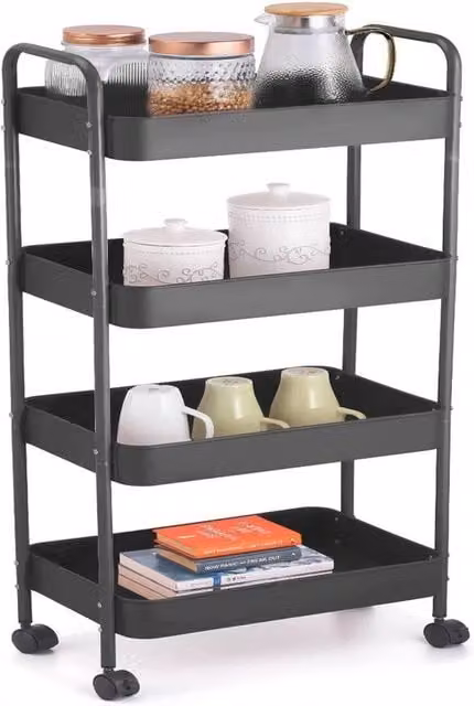 EONLION 4 Tier Slim Plastic Storage Trolley Cart with Castors, Black, W: 29.5 cm, D: 44.5 cm, H: 105 cm