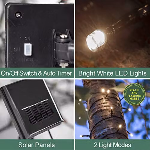GardenKraft Solar Powered LED String Lights, 2 Pack of 100, Bright White, IP44 Weatherproof with Dusk Sensor – 3