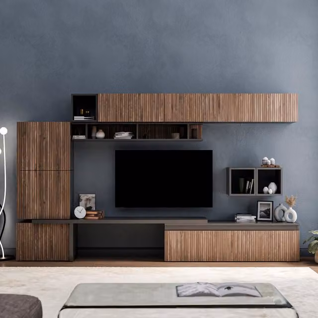 Decorotika Modern Black Wall Mounted Living Room Entertainment Unit with Tall Unit, Lowboard and Open Shelving
