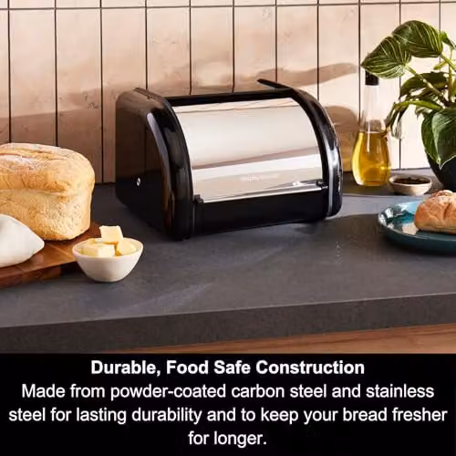Morphy Richards Equip Compact Roll Front Bread Bin, 8L, Black and Stainless Steel – 8