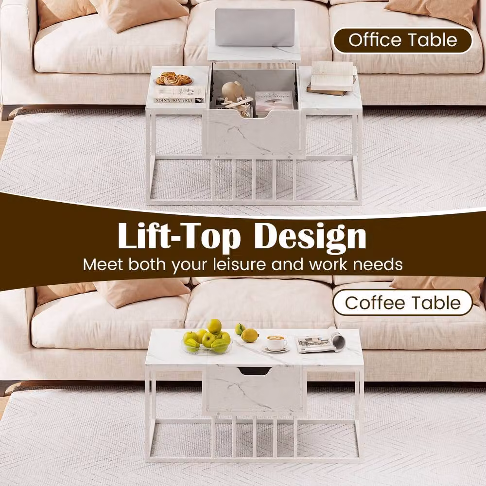 Costway White Modern Rectangular Coffee Table with Hidden Storage Compartment and Lift Mechanism – 3