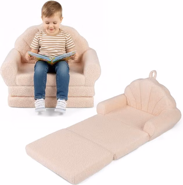 Costway 2-in-1 Convertible Toddler Couch Lounger in Beige and White