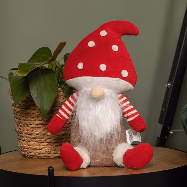 Samuel Alexander Red and White Sitting Christmas Gonk with Mushroom Hat, Height: 28 cm